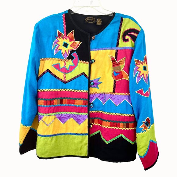 STUNNING VINTAGE 90'S JULIA KIM ART TO WEAR PATCHWORK JACKET W/ GLASS BUTTON CLO - Picture 1 of 7